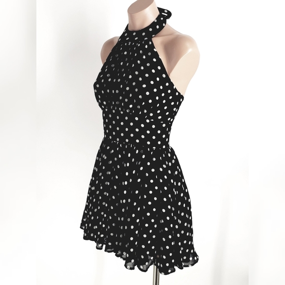 Y2K Black and White Polka Dot Gorgette Halter Dress - Picture 3 of 7